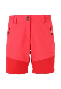Röda och rosa sportshorts med resårmidja, tre dragkedjefickor och en lagerdesign som antyder en figurnära, sportig stil.