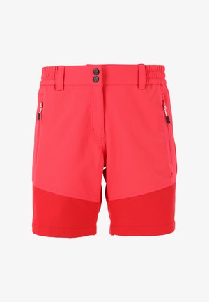 Rode en roze sportshorts met een elastische tailleband, drie met rits afgesloten zakken en een gelaagd ontwerp dat een strakke, sportieve stijl suggereert.