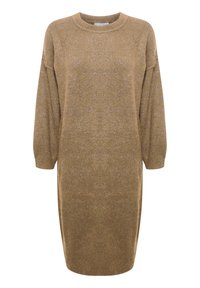 Abito in maglia di un caldo marrone dorato, caratterizzato da un colletto rotondo, maniche a palloncino e una vestibilità rilassata con spacchi laterali per facilitare i movimenti.