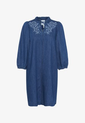 Tamsiai mėlyna džinsinė suknelė su raukšlėtu apykakle, siuvinėtą gėlių raštą krūtinėje ir ilgomis pūstomis rankovėmis su elastingais raišteliais.