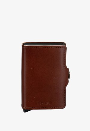 Brown leather wallet with stitched edges and metal button closure, compact design for holding cards securely.
