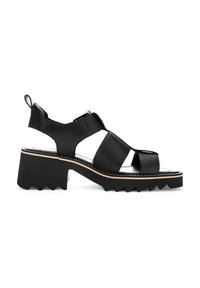 Czarna skórzana sandał z masywną, falistą podeszwą. Oferuje wiele pasków, otwartą piętę oraz srebrną klamrę do regulacji.