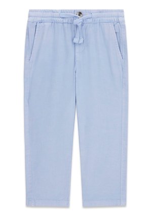 Jasnoniebieskie spodnie dla malucha z elastyczną talią, sznurkiem do wiązania, guzikiem z przodu i bocznymi kieszeniami, ułożone na płasko.