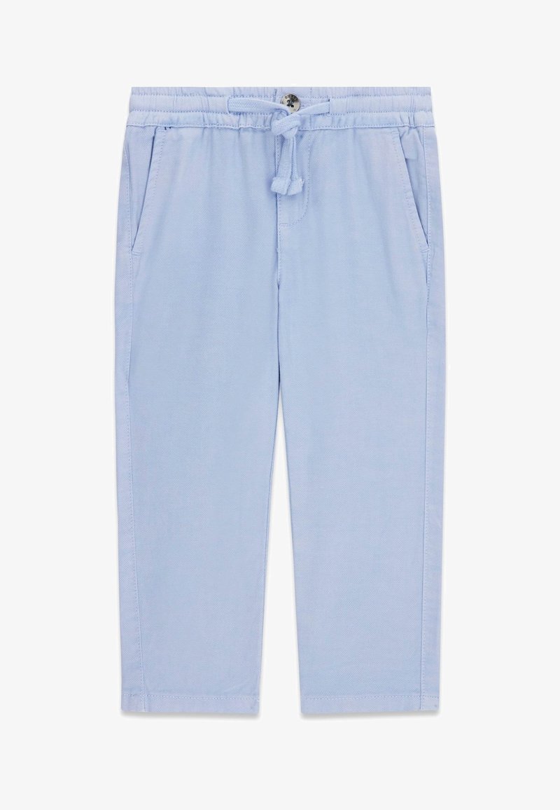 Pantalon bleu clair pour tout-petit avec taille élastique, lien coulissant, bouton devant et poches latérales, étalé à plat.