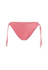 Pink bikini bottom made of shiny fabric, featuring adjustable ties on each side. The design is simple with a gathered appearance.