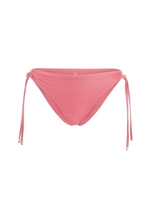 Rosa bikiniunderdel i glänsande tyg, med justerbara snören på varje sida. Designen är enkel med ett samlat utseende.