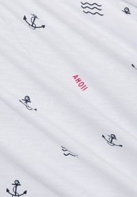 White fabric featuring navy blue nautical patterns, including anchors and wavy lines, with red embroidered text reading "AHOY!!"