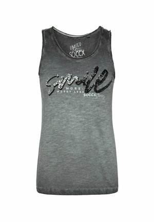 Graues ärmelloses Tanktop mit dem Text "Smile more worry less" und einem schwarzen, mit Pailletten verzierten Schriftzug auf der Vorderseite.