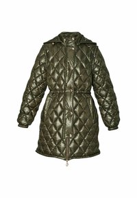 Cappotto imbottito verde oliva trapuntato con finitura lucida, vita regolabile con coulisse, chiusura a bottoni e orlo con zip; presenta un colletto alto e polsini elasticizzati.