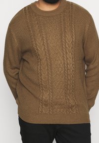 Hnědý pletený svetr s texturovanými vzory, výstřihem do oblouku a žebrovanými manžetami. Volný střih s cable-knit detaily na přední straně.