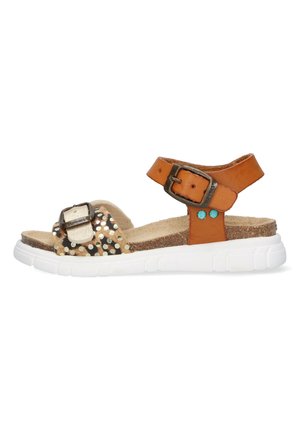 Brown leather sandal with a white rubber sole, featuring a decorative buckle and metallic accents on a textured footbed.