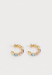 Gold hoop earrings with a textured design, featuring blue, pink, and purple gemstones set along the front. Stud fastening.