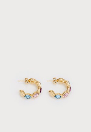Gold hoop earrings with a textured design, featuring blue, pink, and purple gemstones set along the front. Stud fastening.