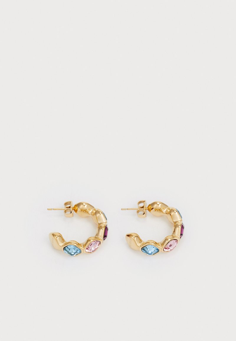 Gold hoop earrings with a textured design, featuring blue, pink, and purple gemstones set along the front. Stud fastening.
