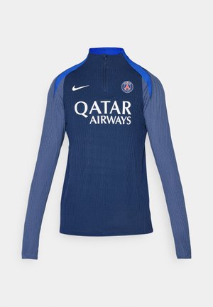 Navy long-sleeve training top with a half zipper, ribbed texture, blue shoulder accents, featuring “QATAR AIRWAYS” logo and PSG emblem.