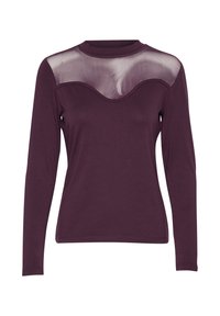 Camicia a maniche lunghe in cotone viola scuro con un pannello trasparente a motivo ondulato sullo scollo e una texture liscia in tutto il capo.