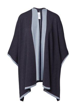 Dark navy knitted cardigan with light blue accents along the edges. Open-front design with wide sleeves and a back zipper detail.