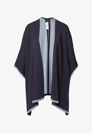 Dark navy knitted cardigan with light blue accents along the edges. Open-front design with wide sleeves and a back zipper detail.