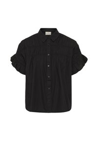 Blouse noire à manches courtes avec ouverture à boutons sur le devant, détails froncés sur la poitrine et les manches, et col pointu.