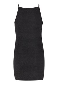 Schwarzes ärmelloses Minikleid mit dünnen Trägern, das aus einem strukturierten Stoff besteht und einen subtilen metallischen Glanz aufweist, der einen schimmernden Effekt erzeugt.