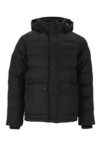 Veste en duvet noire avec un design rembourré, un col haut, une fermeture éclair à l'avant, deux poches avant et des poignets élastiques pour plus de chaleur.