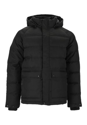 Schwarze Daunenjacke mit gepolstertem Design, hohem Kragen, Frontreißverschluss, zwei Fronttaschen und elastischen Bündchen für Wärme.