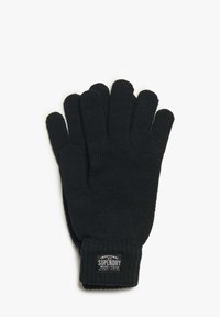 Guantes negros de punto con textura acanalada, que cuentan con una etiqueta que dice "Superdry" en el puño. Diseño de cinco dedos.