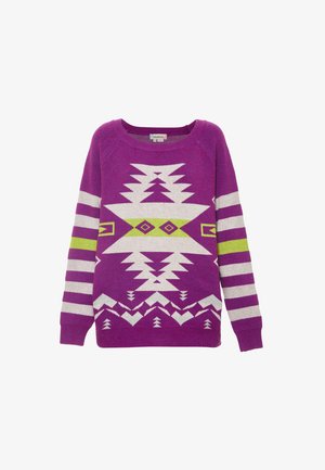 Lila Pullover mit weißen und grünen geometrischen Mustern, Rundhalsausschnitt, langen Ärmeln und kontrastierendem gestreiftem Ärmeldesign.