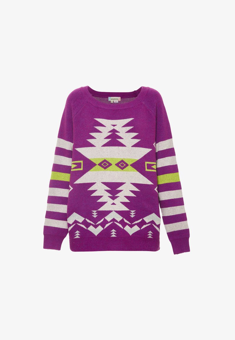 Lila Pullover mit weißen und grünen geometrischen Mustern, Rundhalsausschnitt, langen Ärmeln und kontrastierendem gestreiftem Ärmeldesign.
