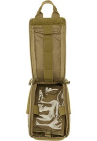 Khaki tactical pouch with a zip closure, interior clear pocket, and multiple attachment straps. Sturdy fabric with a rough texture.