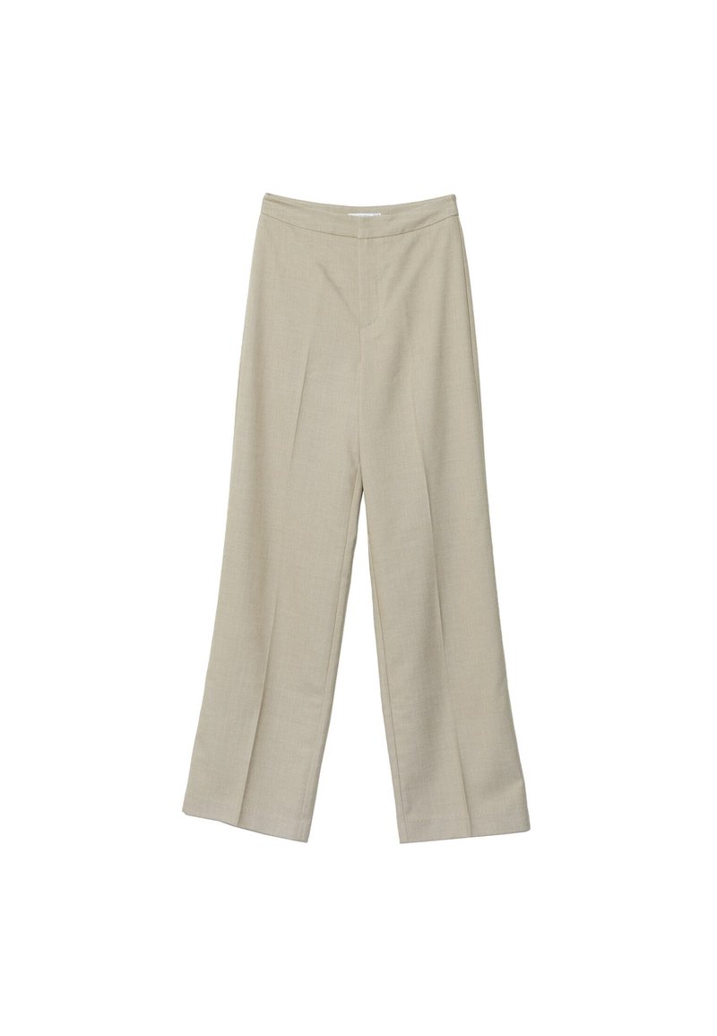 Pantalon beige à jambes larges avec plis devant et taille haute, présenté à plat sur fond blanc.