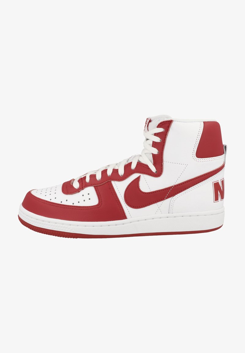 High-top sneaker with a white leather upper and red accents. Features a perforated toe, white laces, and a visible logo on the side.