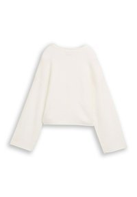 Biały krótki sweter o prążkowanej fakturze, z długimi rękawami, szerokim dekoltem i bocznymi rozcięciami, prezentujący prosty, minimalistyczny design.