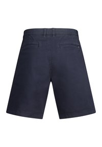 Navy blue shorts made of cotton blend, featuring a straight cut, two back pockets, and a single accent button near the waistband.