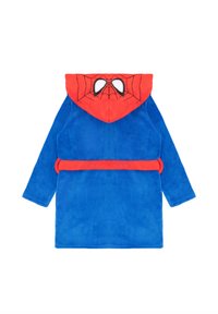 Blauer Fleece-Bademantel mit roter Kapuze. Die Kapuze hat ein Spinnenetzdesign und weiße Augen. Enthält einen passenden roten Gürtel. Weicher Stoff überall.