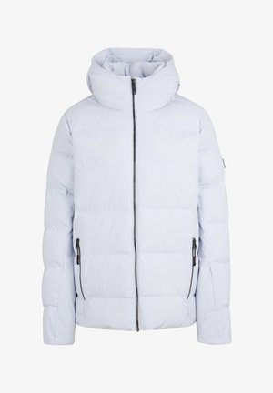 Light blue puffer jacket, featuring a high collar, front zipper, and two side zip pockets. Soft, quilted texture with a smooth finish.