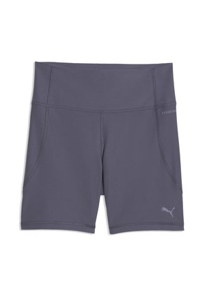 Grå højtaljede træningsshorts med sidelommer, flade sømdetaljer og Puma-logo nær venstre kant, lagt fladt på en hvid baggrund.