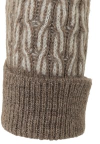 Strickwollpulloverärmel in hellbraun und dunkelbraun. Verfügt über ein strukturiertes Kabelmuster mit einem gerippten Rand. Weiches, dickes und warmes Material.