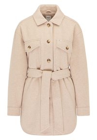 Chaqueta de lana beige con cinturón, gran cuello, dos bolsillos en el pecho con botón, cierre frontal de botones y mangas largas.