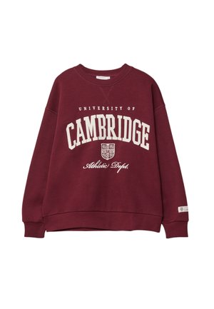 Felpa bordeaux con la scritta "Dipartimento Atletica Università di Cambridge" in bianco e un piccolo stemma sotto "Cambridge" sul davanti.