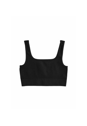 Black ribbed bralette with wide shoulder straps and a square neckline. Features a solid, textured fabric with a snug, fitted design.