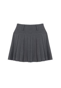 Grijze plooiskirt van stof met een gestructureerde afwerking, met een hoge tailleband en meerdere verticale plooien voor extra detail.