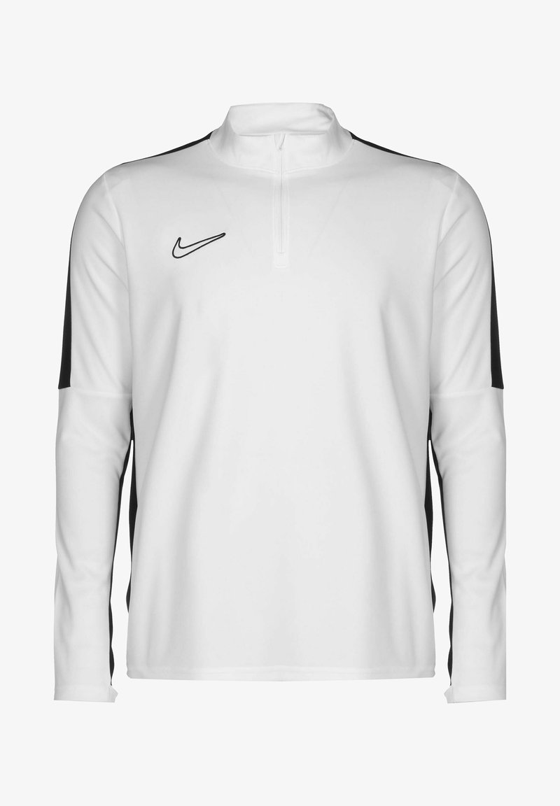 Langärmliges Sportoberteil in Weiß mit schwarzen Seiteneinsätzen. Verfügt über einen halben Reißverschluss am Kragen und das Nike-Logo auf der Brust. Hergestellt aus glattem Material.