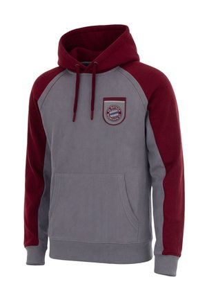 Grijze en bordeauxrode hoodie met voorzak en FC Bayern München-logo op de borst, met een bordeauxrode capuchon en mouwen.