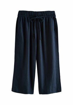 Marineblaue, knielange, leichte Hosen mit einem Kordelzugbund, zwei seitlichen Taschen und einer glatten Textur.