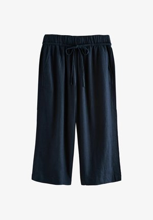 Marineblaue, knielange, leichte Hosen mit einem Kordelzugbund, zwei seitlichen Taschen und einer glatten Textur.