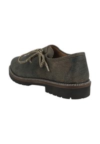 Braunes, strukturiertes Leder-Schuhwerk mit runder Spitze, kontrastierenden weißen Nähten und dunkler Gummisohle. Mit gewebten Schnürsenkeln und einem kurzen Absatz.