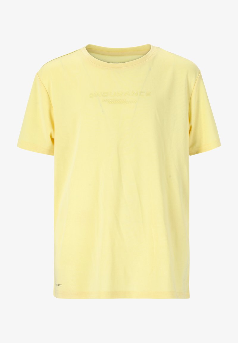 Gul kortärmad t-shirt tillverkad av mjukt tyg. Har en upphöjd "ENDURANCE"-logotyp framtill. Lätt och andningsbar design.