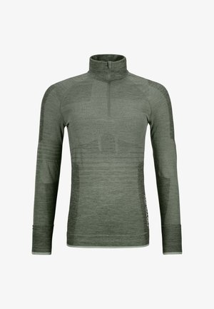 Long-sleeve, zip-neck pullover in dark green. Features textured fabric, fitted design, and accent stitching along the shoulders and sides.