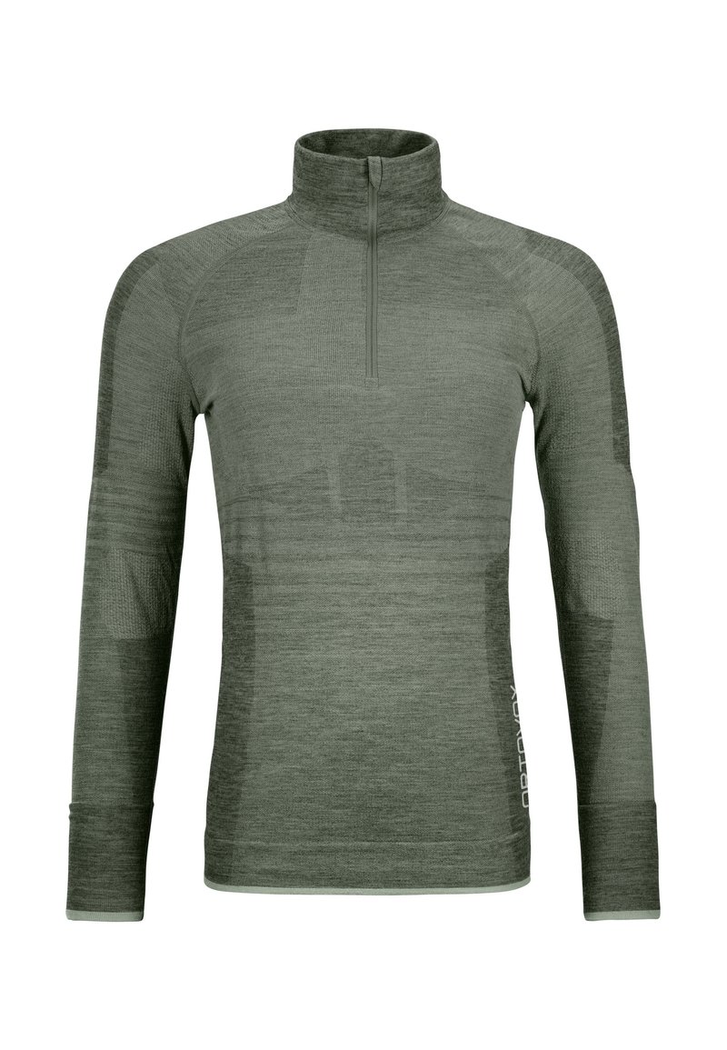 Long-sleeve, zip-neck pullover in dark green. Features textured fabric, fitted design, and accent stitching along the shoulders and sides.